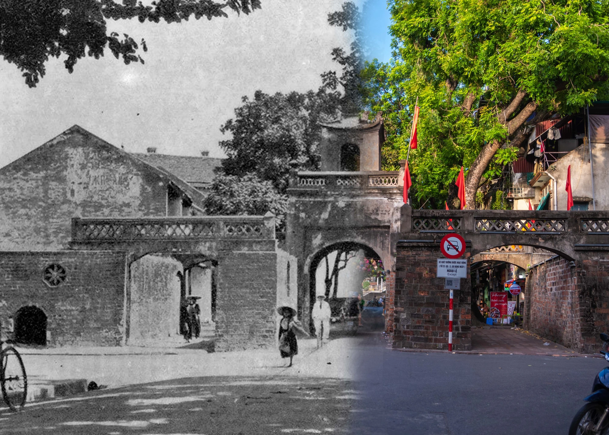 ประตู Quan Chuong มีชื่อภาษาจีนว่า Dong Ha Mon ประตู Quan Chuong สร้างขึ้นในปี 1749 ตั้งอยู่ทางด้านทิศตะวันออกของป้อมปราการดินที่ล้อมรอบป้อมปราการ Thang Long สร้างขึ้นใหม่ในปี 1817 และยังคงรูปแบบเดิมมาจนถึงทุกวันนี้ ตั้งอยู่บนถนน Quan Chuong บริเวณทางแยกของถนน Hang Chieu และ Dao Duy Tu ใกล้เชิงสะพาน Chuong Duong (ภาพถ่ายประตู Quan Chuong เก่าที่จัดแสดงในนิทรรศการ