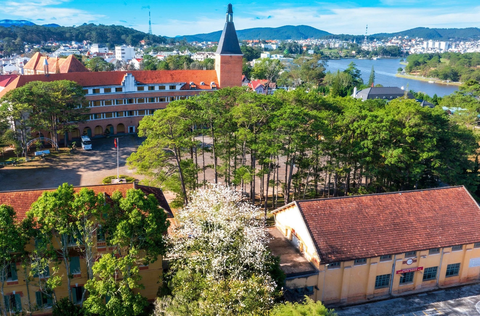 Blühende Blumen in einer Ecke des Hofes des Dalat College