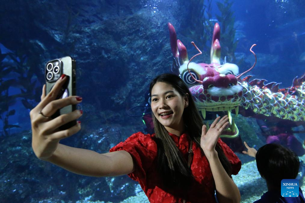 Các thợ lặn biểu diễn “múa lân rồng” dưới thủy cung SEA LIFE Bangkok Ocean World nhằm chào mừng năm mới Ất Tỵ 2025. Tết Âm lịch năm nay sẽ rơi vào ngày 29.1 dương lịch và là năm con rắn. Ảnh: Xinhua/Rachen Sageamsak