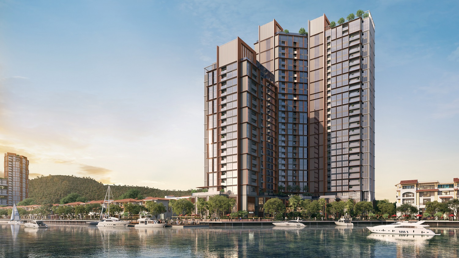 Die Symphony-Türme, in denen sich der Han-Fluss spiegelt, sind für erfolgreiche Unternehmen interessant. Perspektivisches Foto von Sun Property
