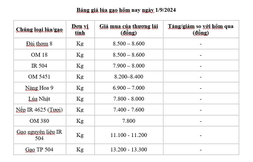 Giá lúa gạo hôm nay 1/9/2024: