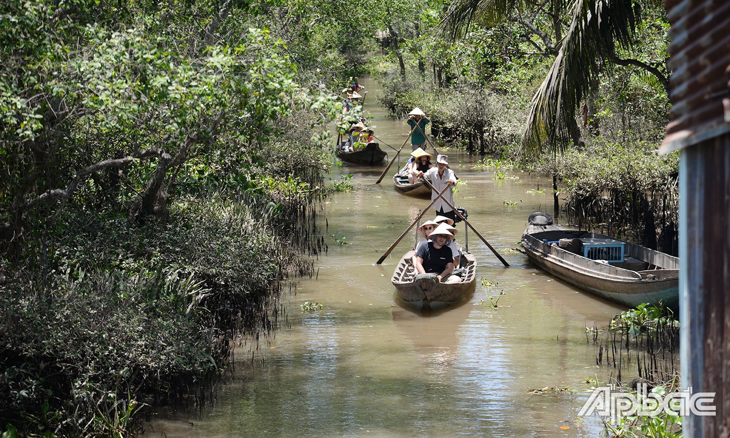 Los turistas experimentan un paseo en bote de remos en el islote Tan Phong.