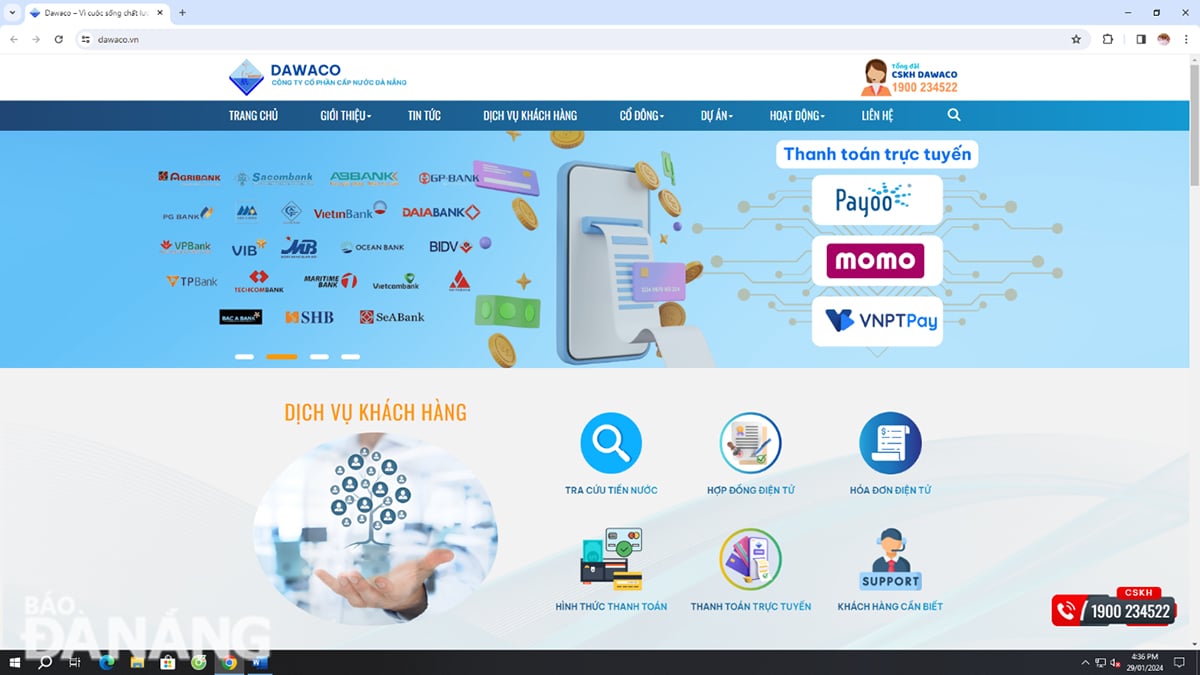 Phiên bản website mới của Dawaco có giao diện hiện đại, thân thiện với người dùng. Ảnh: PHƯƠNG UYÊN