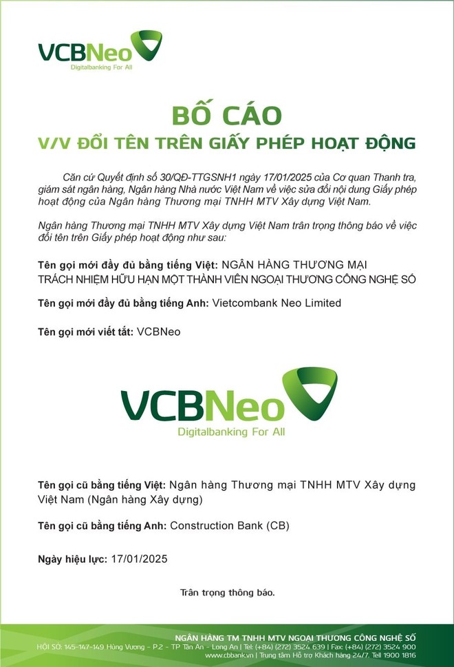 CB thông báo đổi tên thành VCBNeo