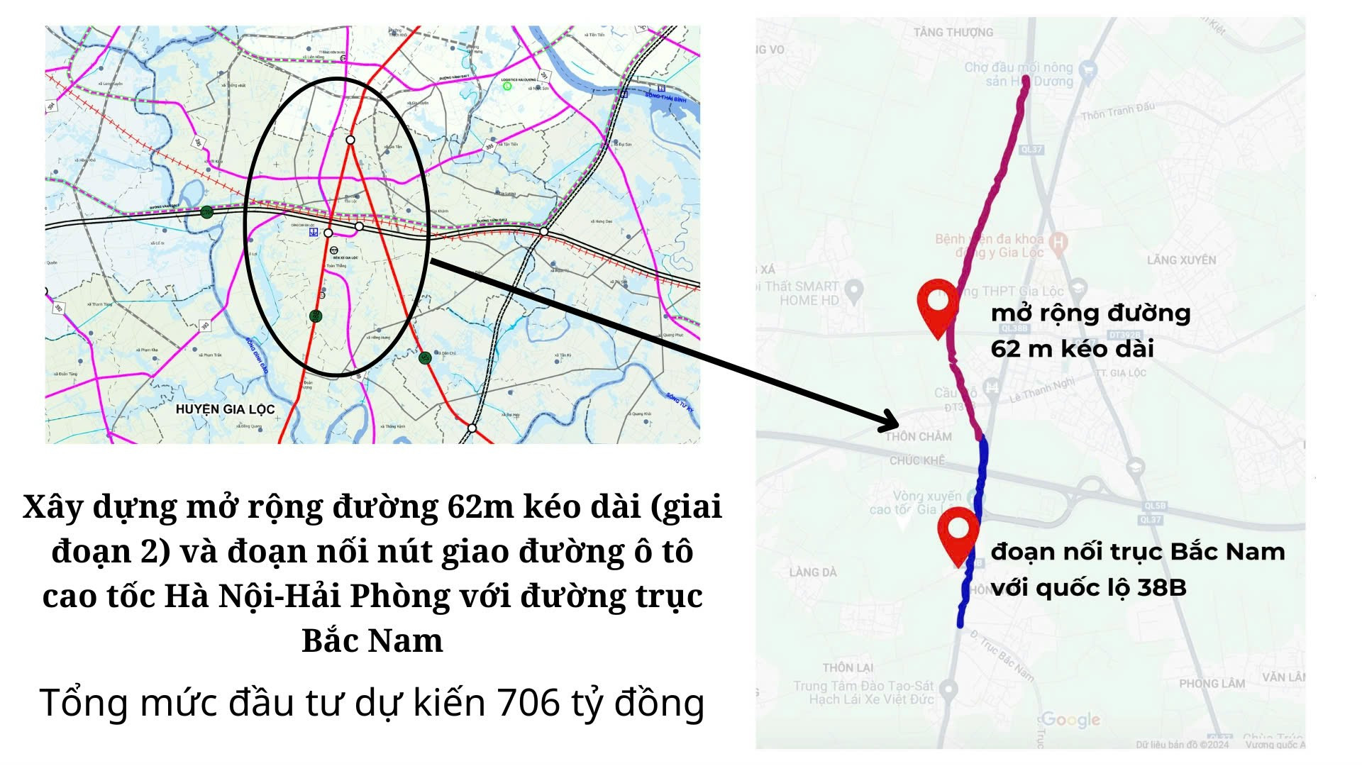 ハノイ・ハイフォン高速道路交差点と南北軸道路を結ぶ区間の図