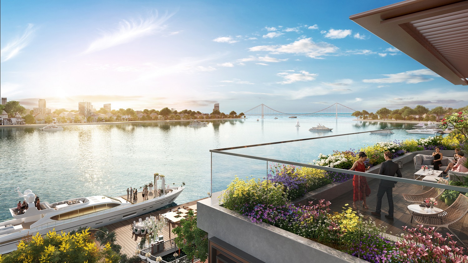 Das Symphony Apartment mit unwiderstehlicher Aussicht. Perspektivische Fotoillustration Sun Property