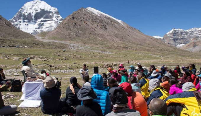 Pilgrims listen to a sermon near Mount Kailash. Photo: Isha sadhguru