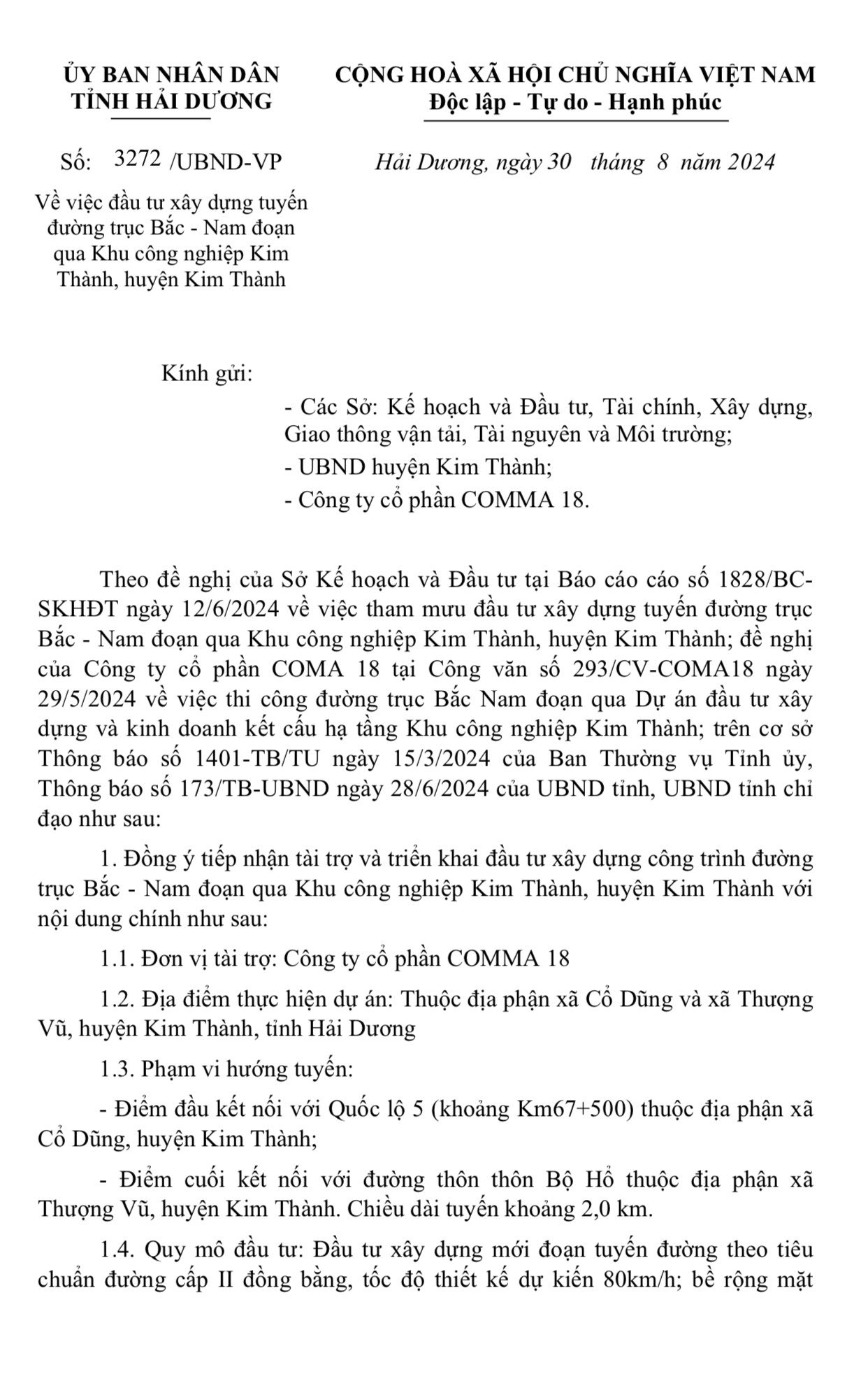 COMMA 18 주식회사는 김탄 산업단지를 통과하는 남북축 도로 건설에 약 1,500억 VND를 지원합니다.