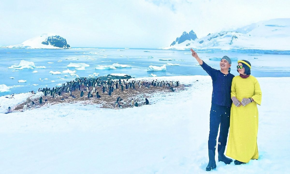 Des touristes vietnamiens s'enregistrent en Ao Dai et Ao Ba Ba en Antarctique