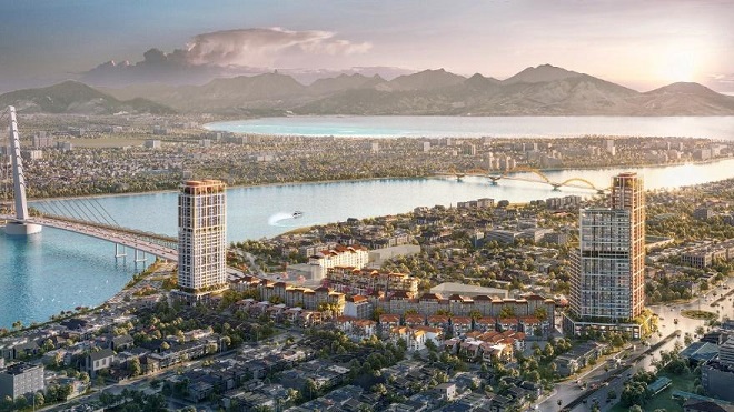 Перспективная иллюстрация выгодного расположения комплекса Sun Cosmo Residence Da Nang, расположенного рядом с рекой Хан.