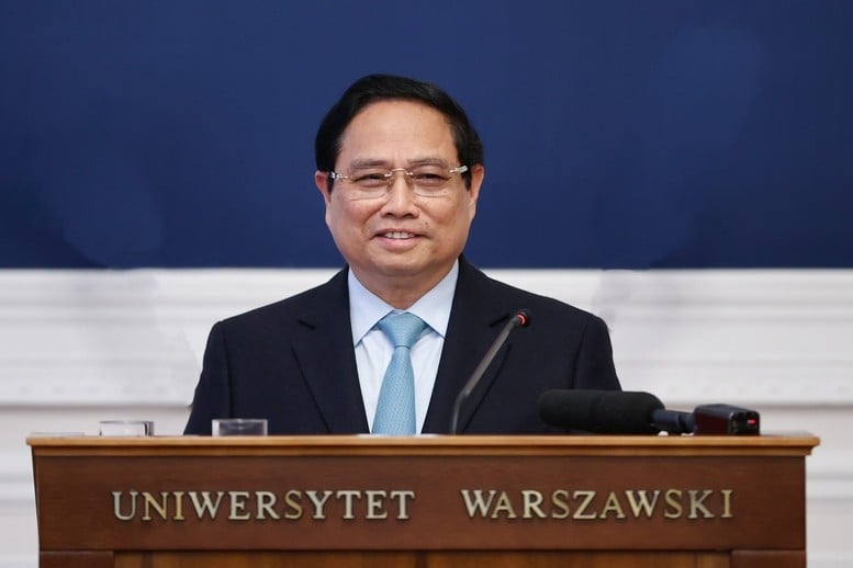 Prime Minister Pham Minh Chinh delivers a policy speech at Warsaw University - Photo: VGP/Nhat Bac