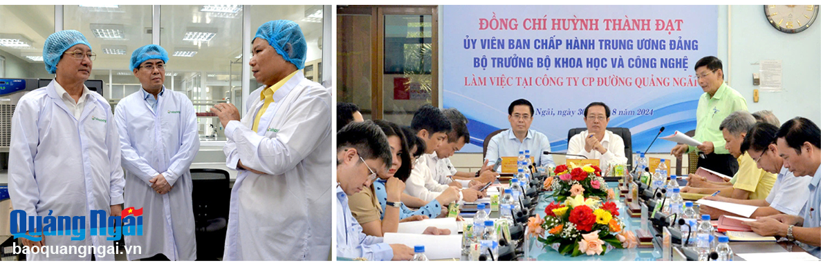 Bộ trưởng Bộ KH&CN Huỳnh Thành Đạt và Chủ tịch UBND tỉnh Nguyễn Hoàng Giang thăm và làm việc tại Nhà máy Sữa đậu nành Việt Nam (Công ty CP Đường Quảng Ngãi). Ảnh: THANH PHƯƠNG
