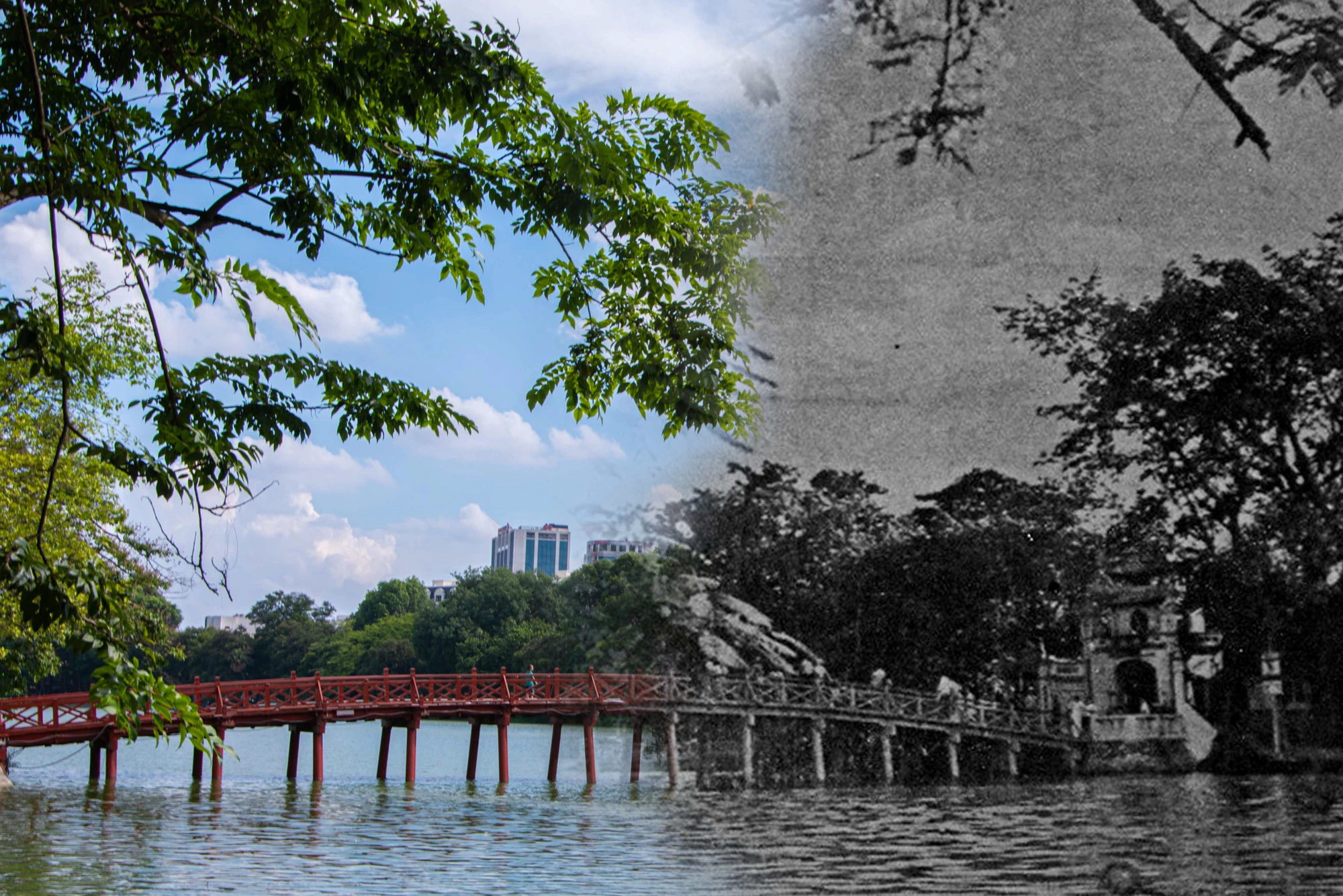 สะพานฮุกสร้างโดยเหงียน วัน ซิว ในปี 1865 ในรัชสมัยของตึ๊ก ดุ๊ก เพื่อเชื่อมด้านนี้ของทะเลสาบฮว่านเกี๋ยมกับอีกด้านหนึ่งของวัดหง็อกเซิน ความหมายของคำว่า “ฮุก” แปลว่า “รวมรัศมี” หรือ “สถานที่ที่แสงอาทิตย์ยังคงส่องอยู่”