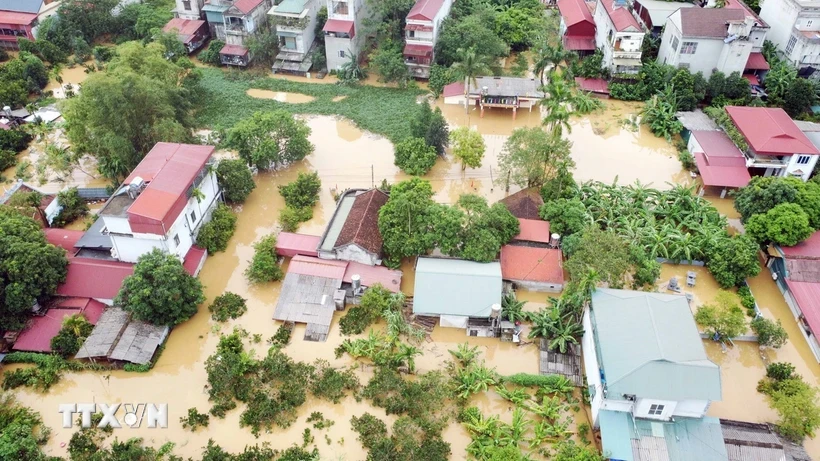 Durch den steigenden Wasserstand wurden zahlreiche Grundstücke und Ernten entlang des Roten Flusses und auf dem Highway 32C beschädigt, der von der Kreuzung IC10 der Schnellstraße Noi Bai-Lao Cai zum Distrikt Ha Hoa in der Provinz Phu Tho führt. (Foto: Ta Toan/VNA)