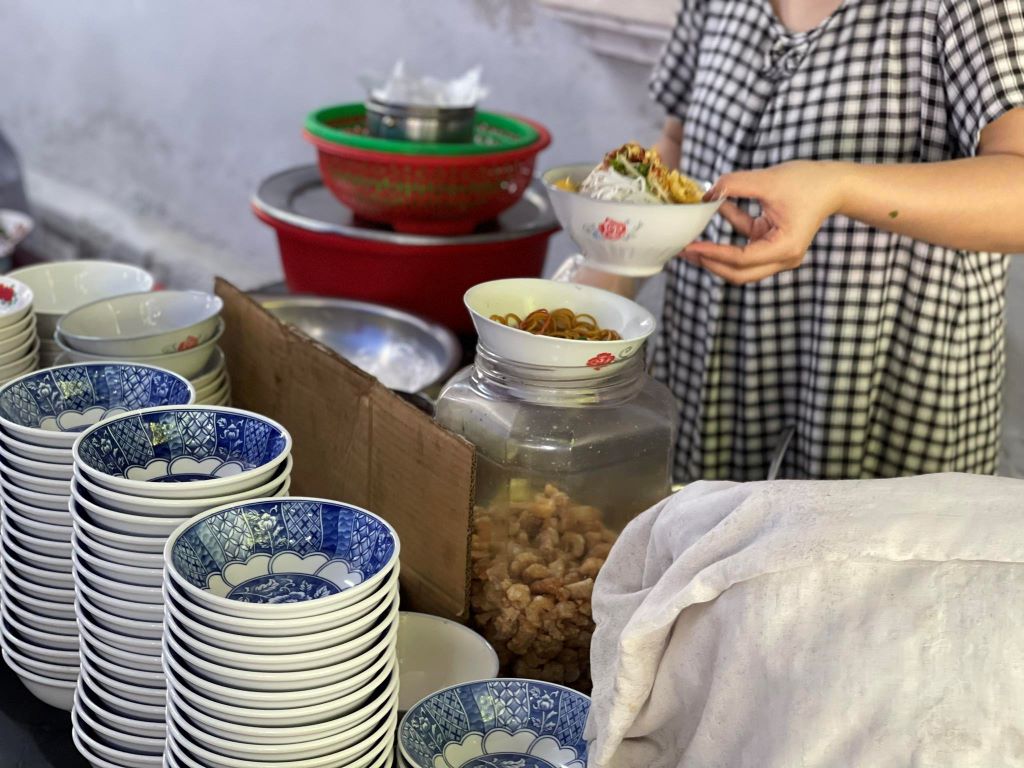 Clean processing area, bowls neatly arranged.