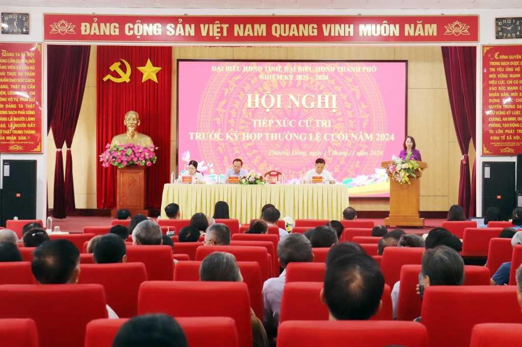 La camarada Trinh Thi Minh Thanh, subsecretaria permanente del Comité Provincial del Partido y delegada del Consejo Popular Provincial, intervino en la reunión con los votantes de la ciudad de Ha Long antes de la 23.ª sesión. Foto: Truc Linh.