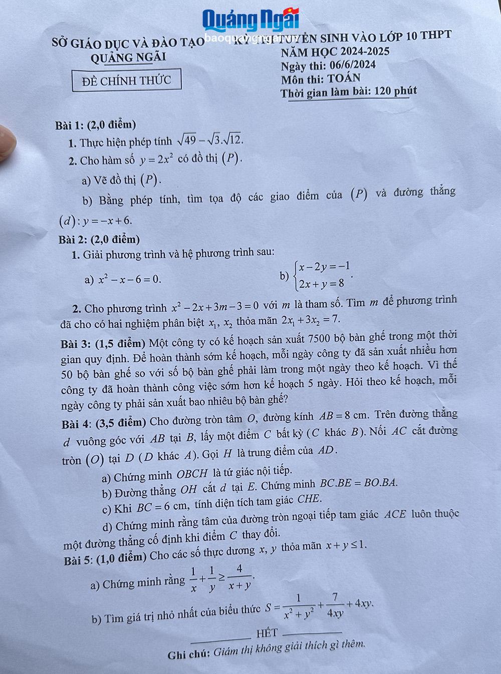 Đề thi môn Toán.