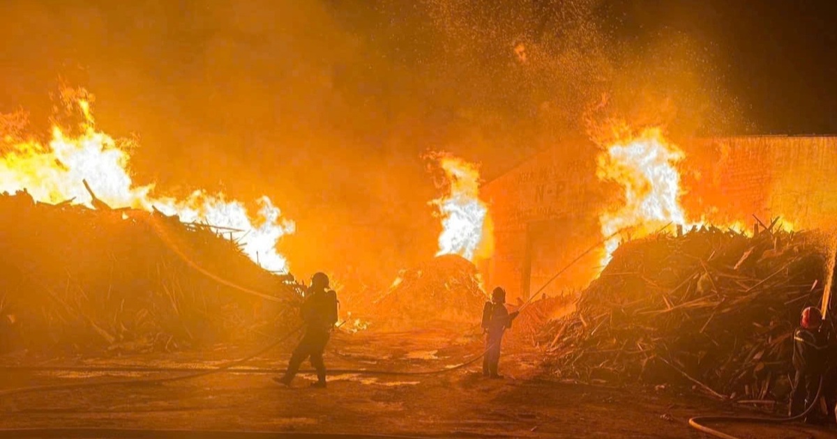 Une usine de copeaux de bois a pris feu la nuit