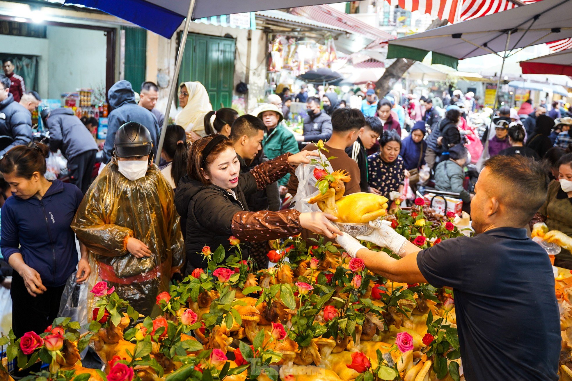 Die Einwohner von Hanoi geben am Morgen des 29. Tet-Festes eine halbe Million Dong aus, um auf dem „Markt der Reichen“ Hühner mit Rosen im Maul zu kaufen. Foto 5