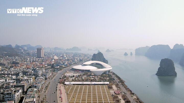 Aerial view of 'Dolphin Palace' on the shore of Ha Long Bay heritage