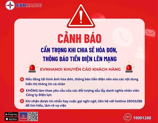 EVNHANOI ព្រមាន​ឲ្យ​ប្រយ័ត្ន​ពេល​ចែក​ចាយ​វិក្កយបត្រ​អគ្គិសនី និង​ការ​ជូន​ដំណឹង​តាម​បណ្ដាញ​សង្គម។ (រូបថត៖ Minh Thu