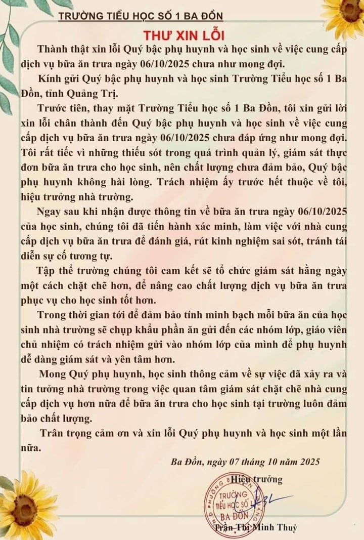 Entschuldigungsbrief von Frau Tran Thi Minh Thuy – Schulleiterin der Ba Don Grundschule Nr. 1 an Eltern und Schüler