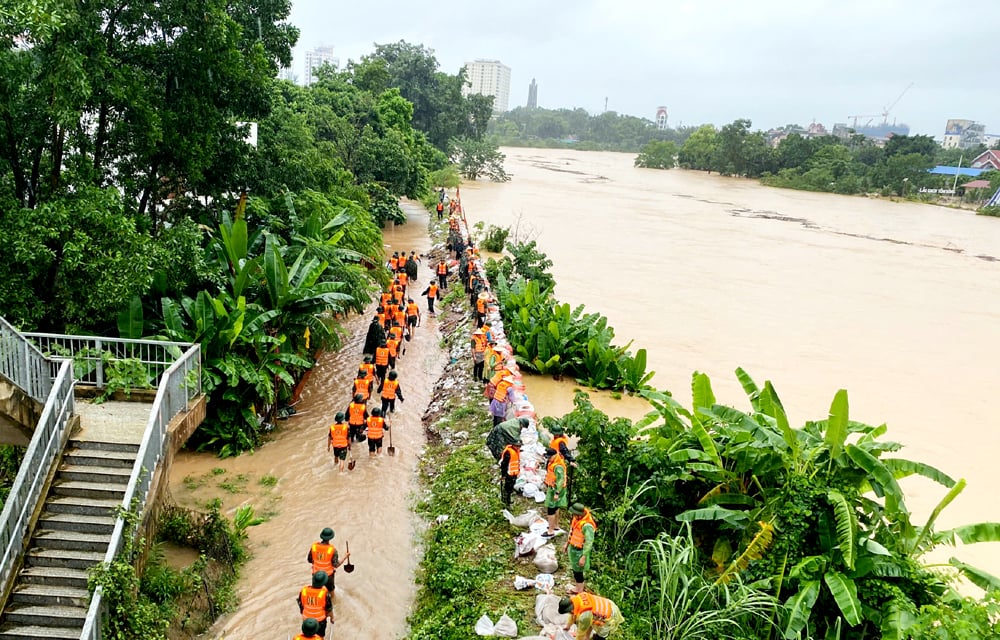 Military and Police forces coordinated to reinforce the Cau River dike running through Phan Dinh Phung ward.
