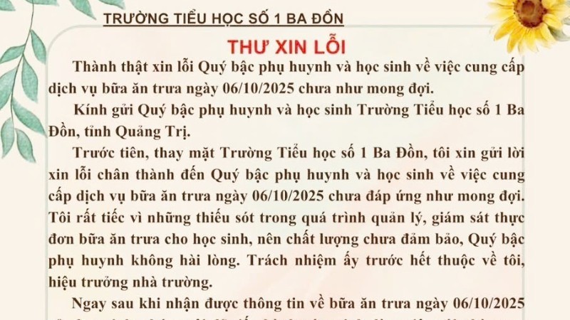หนังสือขออภัยผู้ปกครองและนักเรียนจากผู้อำนวยการโรงเรียนประถมศึกษาบ๋าดอนที่ 1 ตำบลบ๋าดอน จังหวัดกวางตรี กรณีอาหารไม่ได้มาตรฐานคุณภาพ