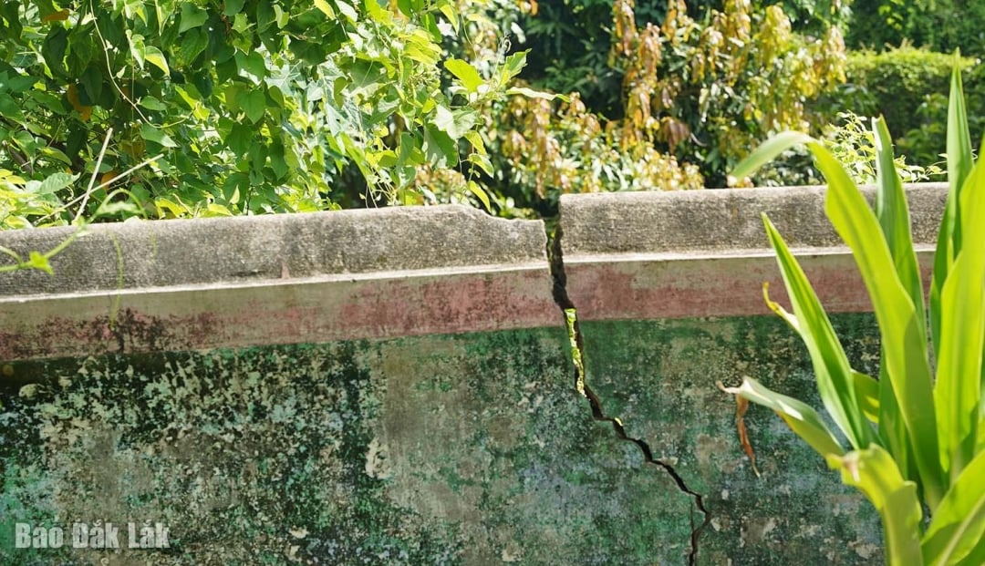 Nhan Dağı'nın yamacındaki eski tapınağın çatlak duvarı.