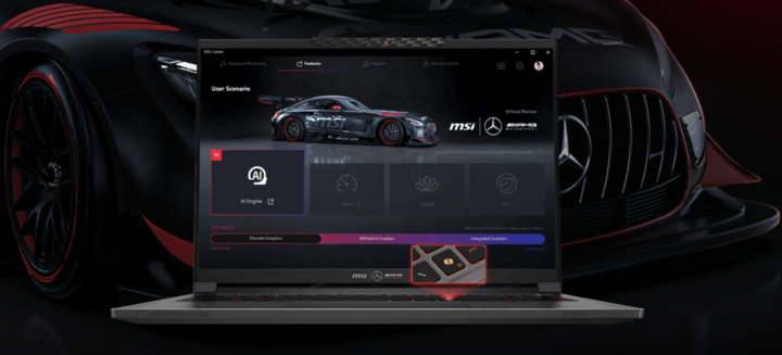 Stealth A16 AI+ Mercedes-AMG Motorsport: 스포츠카 브랜드 AMG와 협업하여 게이머와 스피드 마니아를 겨냥한 한정판 노트북으로, 강력한 성능과 고급스러운 디자인을 자랑합니다. (사진: MSI)