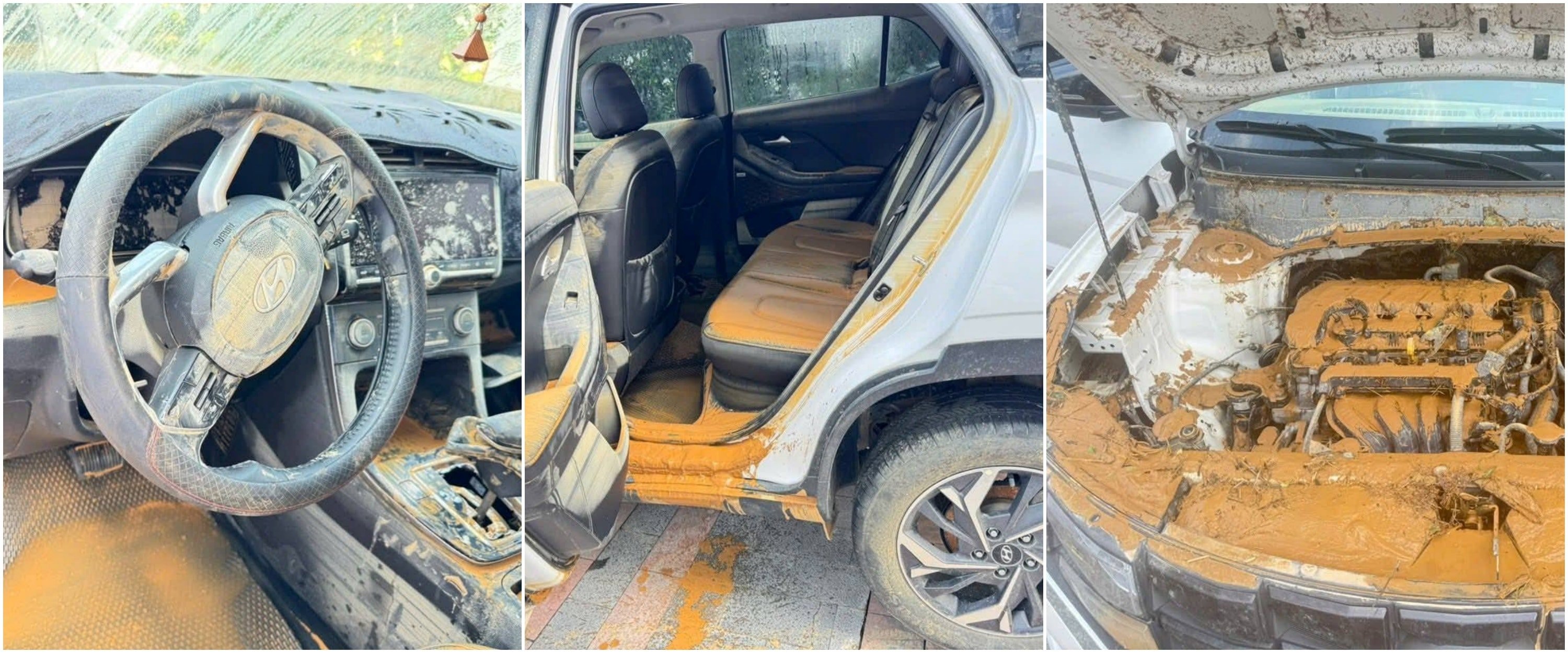 រថយន្ត Hyundai Creta ដែលលិចទឹកកំពុងត្រូវបានអូសទៅកាន់សិក្ខាសាលាសេវាកម្មមួយ។