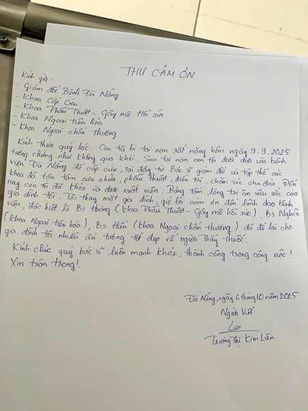 Thank you letter from the family of female student T.N.P.U sent to Da Nang Hospital. Thư cám ơn của gia đình nữ sinh T.N.P.U gửi BV Đà Nẵng.