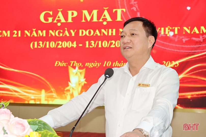 Bí thư Đảng ủy - Chủ tịch HĐND xã Đức Thọ Trần Hoài Đức phát biểu tại buổi gặp mặt.