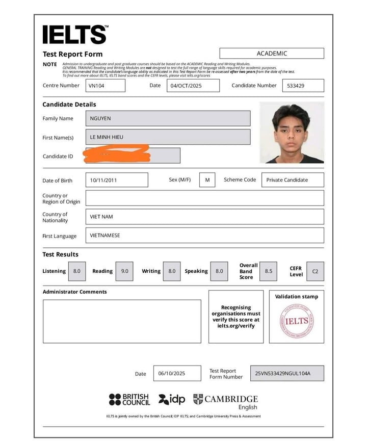 Minh Hiếu bất ngờ vì kết quả cao hơn mong đợi. (Ảnh: NVCC)
