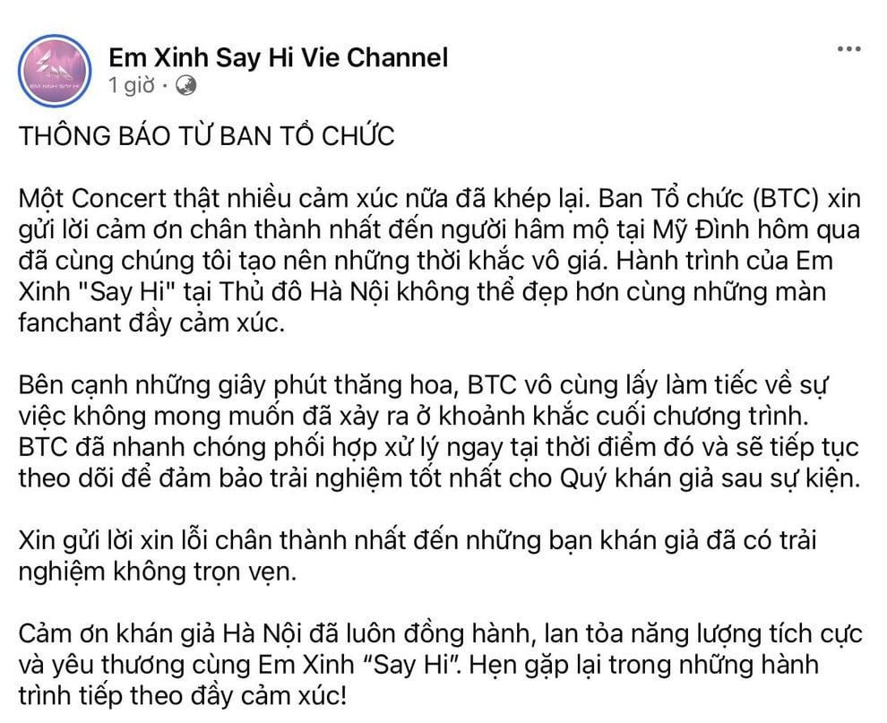 BTC “Em xinh say hi” xin lỗi vì sự cố pháo hoa rơi trúng khán giả ở Mỹ Đình - 2