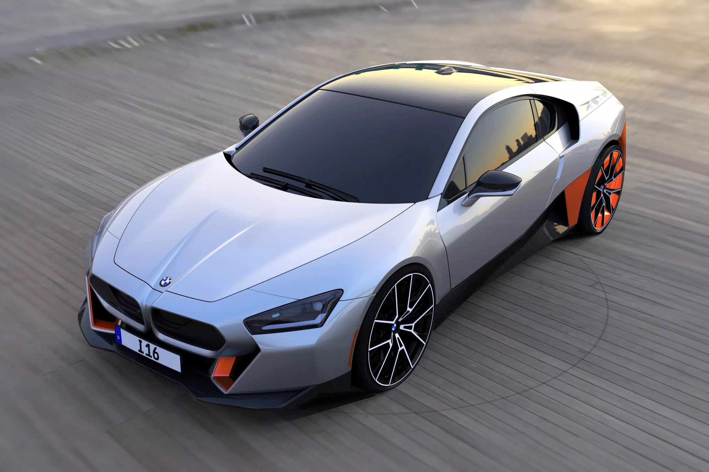 Imagen de diseño del superdeportivo eléctrico BMW i16 con puertas de mariposa.