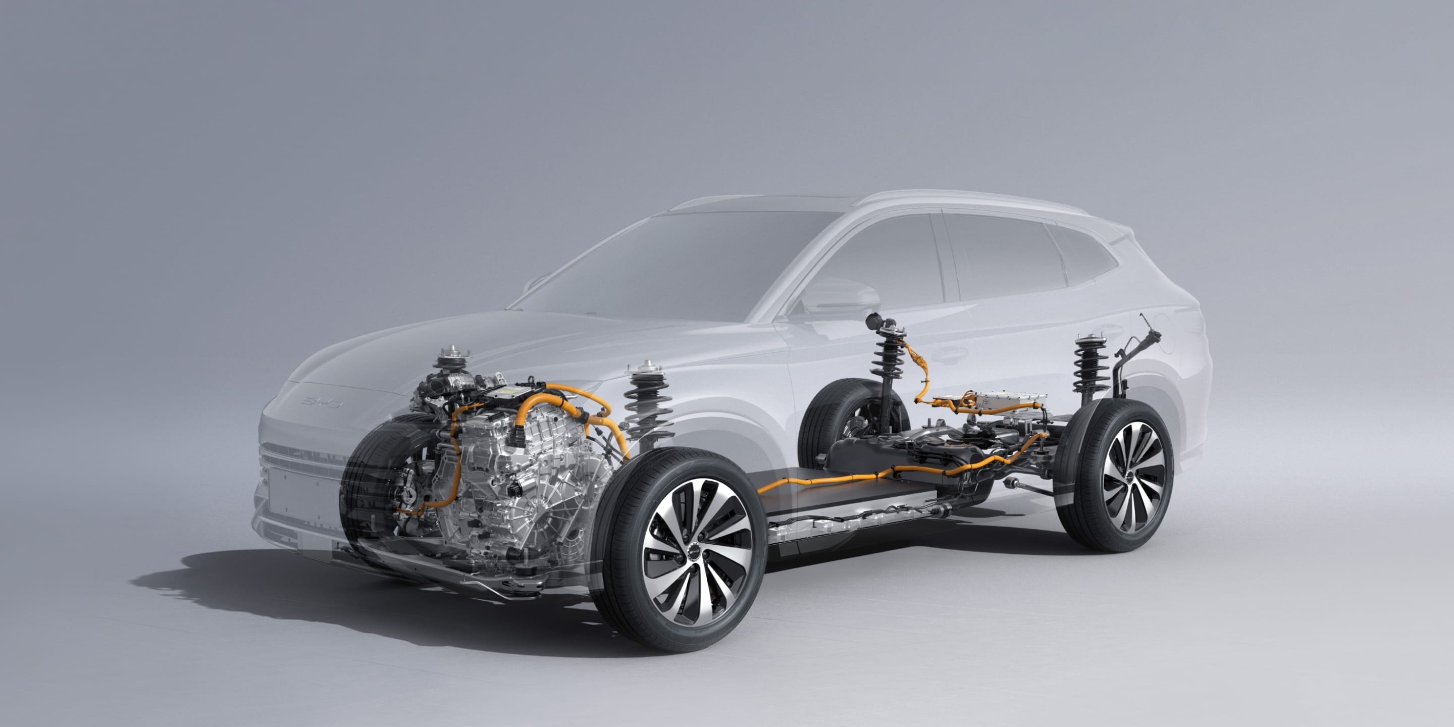 រថភ្លើង DM-i Super Hybrid powertrain របស់ BYD ជាមួយនឹងសមាសធាតុសំខាន់ៗដែលក្លែងធ្វើ។