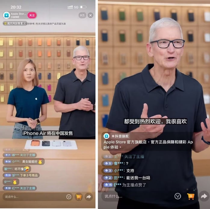 នាយកប្រតិបត្តិ Tim Cook មិននឹកស្មានដល់ ចូលរួមក្នុងការផ្សាយផ្ទាល់ ដើម្បីលក់ iPhone Air នៅប្រទេសចិន - រូបថត ១. CEO Tim Cook bất ngờ tham gia livestream bán iPhone Air ở Trung Quốc - Ảnh 1.