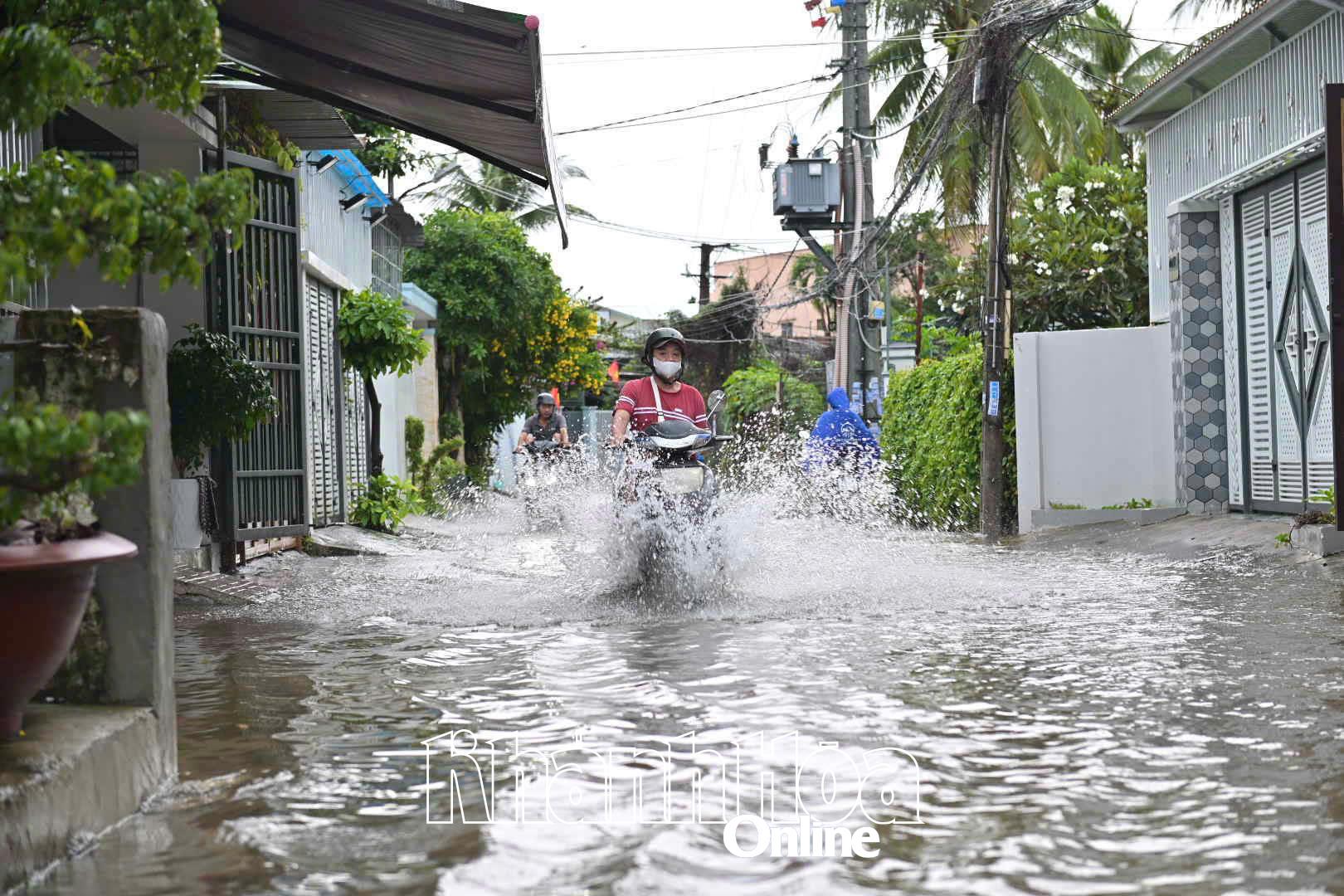 Luong Dinh Cua Street, Tay Nha Trang Ward، جزوی طور پر سیلابی پانی میں ڈوبا ہوا ہے، جس کی وجہ سے لوگوں کو سفر کرنے میں دشواری کا سامنا ہے۔