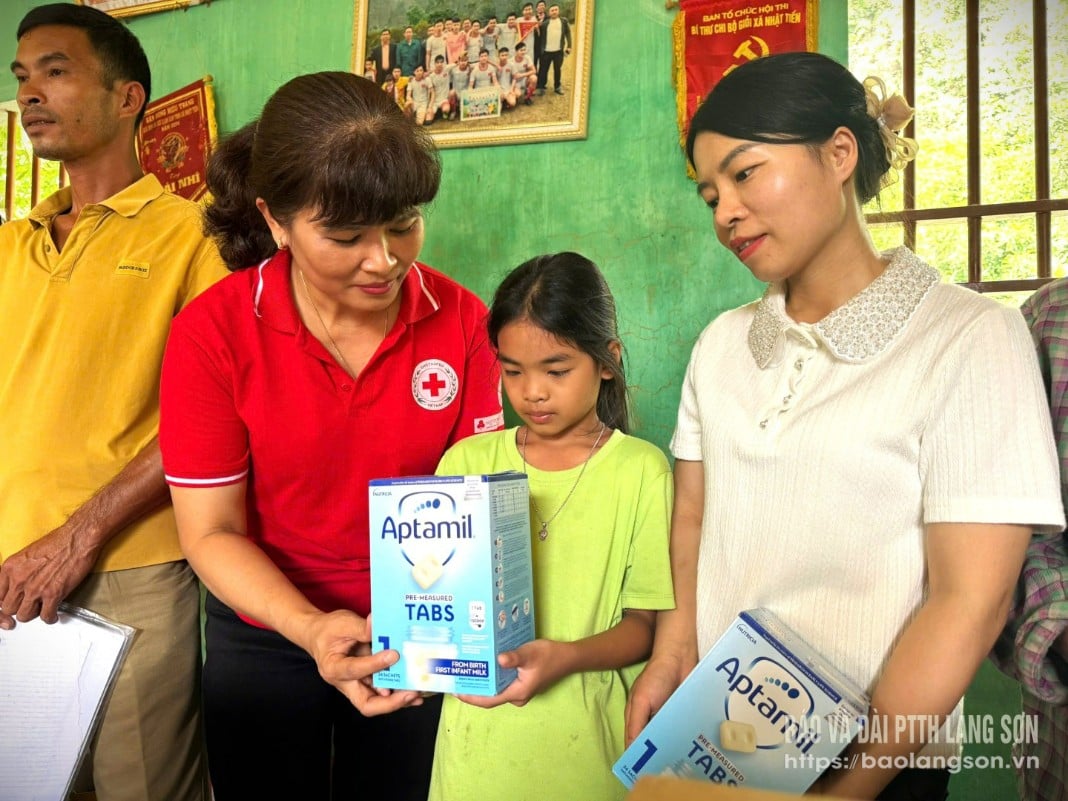 Leaders of the Provincial Red Cross Society presented gifts to people affected by storm No. 11 in Tan Nhien village, Van Nham commune.