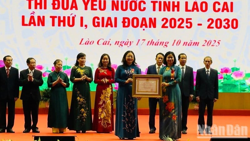 La camarade Nguyen Thi Tuyen, autorisée par le Président, a décerné la Médaille du Travail de deuxième classe à des personnalités. (Photo : THANH SON)