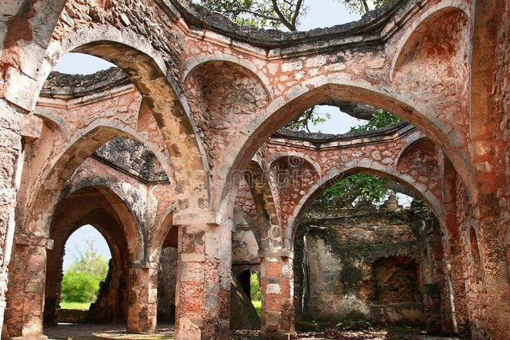 Đền Hồi giáo Lớn Kilwa trên đảo là một trong những nhà thờ Hồi giáo cổ nhất châu Phi. Ngôi đền này được xây từ san hô, có mái vòm và cột trụ đá vôi tinh xảo. Ảnh: Pinterest.