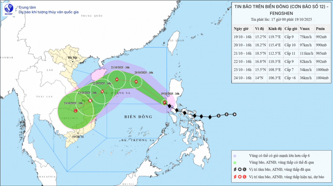 Prognoskarta över storm nr 12:s bana och intensitet utfärdad kl. 17.00 den 19 oktober 2025. (Källa: kttv.gov.vn/)