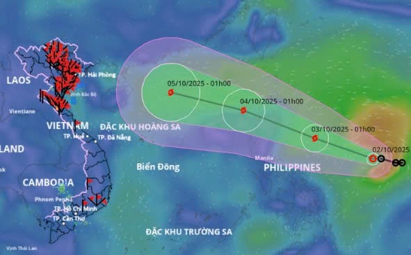 Dự báo vị trí và hướng di chuyển áp thấp nhiệt đới lúc 1h sáng 2-10 - Ảnh: VNDKS
