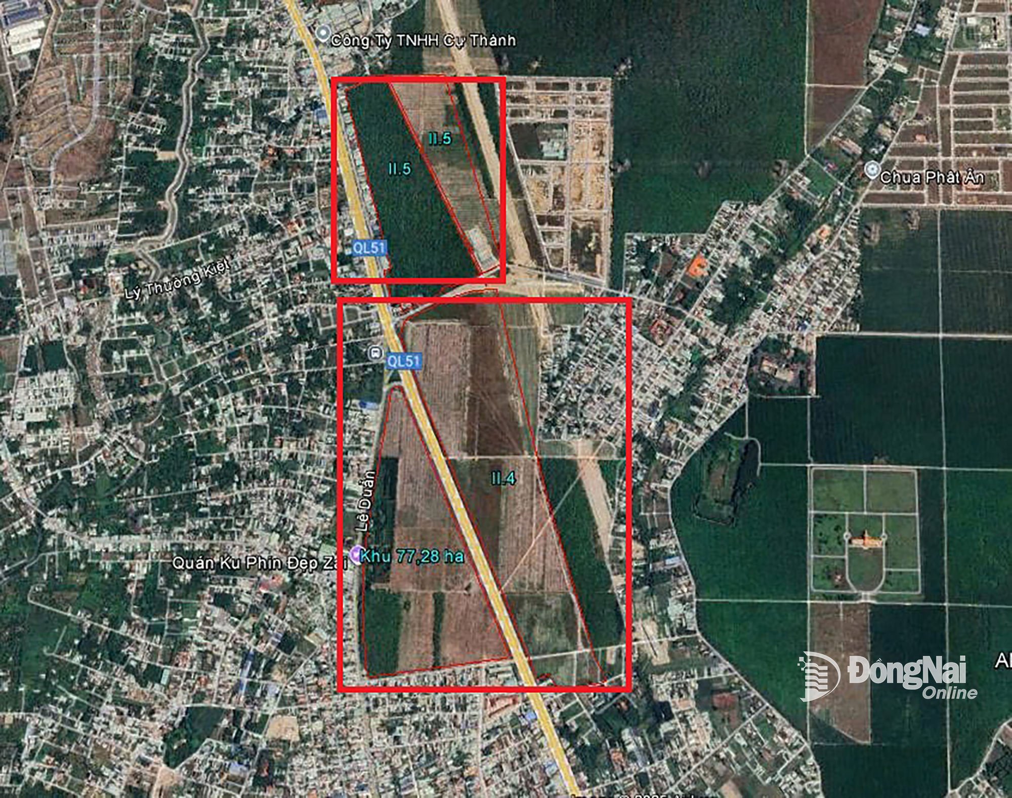 2 khu đất (khoanh đỏ) ngay cửa ngõ Sân bay Long Thành được Trung tâm Phát triển quỹ đất tỉnh Đồng Nai tổ chức đấu giá ngày 2-10. Ảnh: Hoàng Lộc
