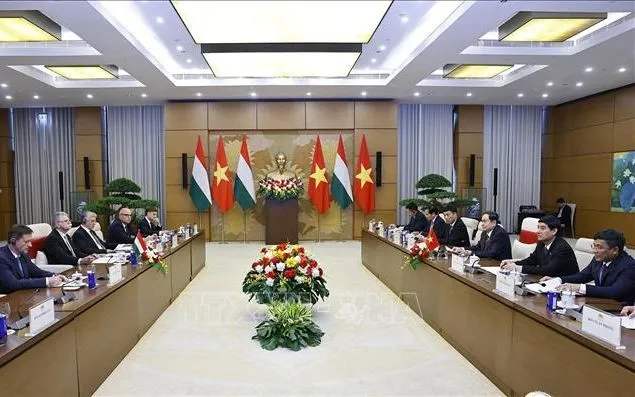 Chủ tịch Quốc hội Trần Thanh Mẫn hội đàm với Chủ tịch Quốc hội Hungary Kover Laszlo. Ảnh: Doãn Tấn/TTXVN