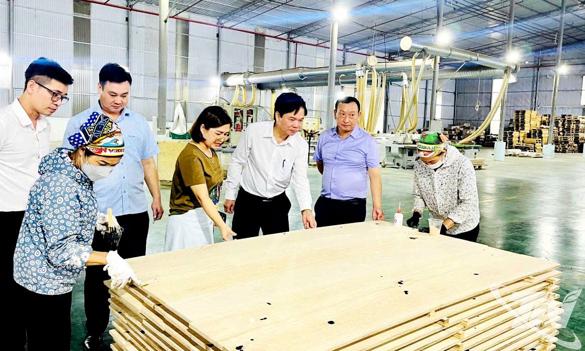 Partner prüfen die Qualität der Holzbodenprodukte von Lechenwood Vietnam Co., Ltd. (Thanh Binh Industrial Park) vor dem Export.