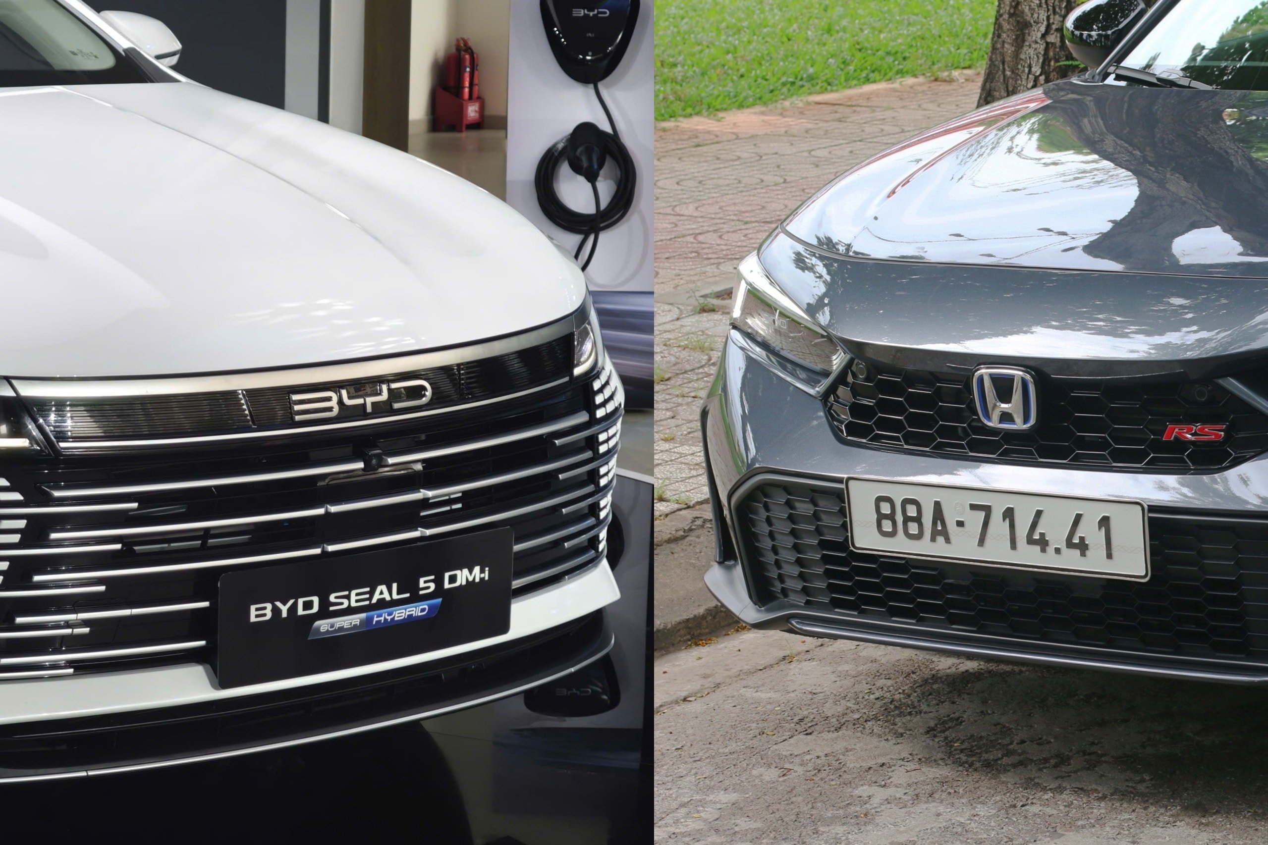 Honda Civic e:HEV RS en BYD Seal 5 naast elkaar, waarmee het verschil in design duidelijk zichtbaar is.