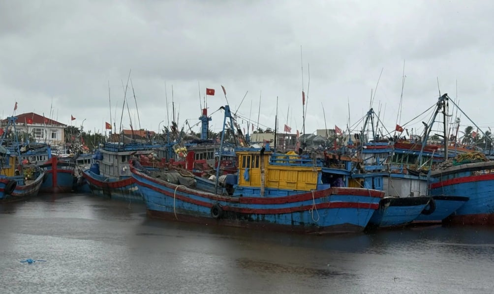 Barcos de pesca ancorados para se abrigar da tempestade 12 no porto de Tinh Hoa.