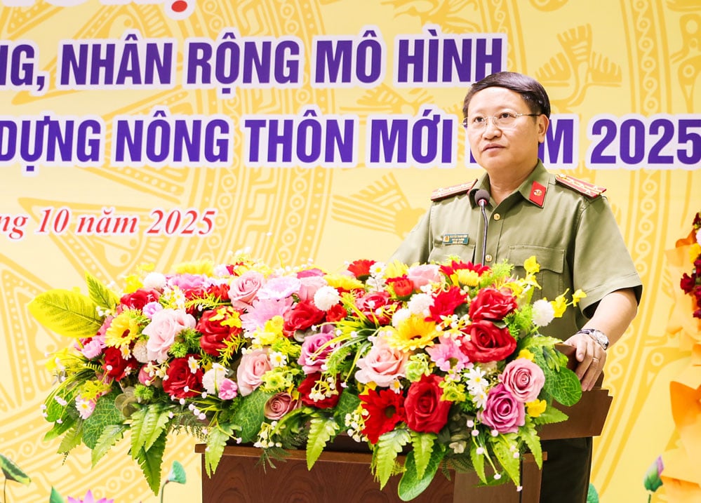 Đại tá Nguyễn Thanh Bình- Phó Cục trưởng Cục Xây dựng phong trào bảo vệ ANTQ, Bộ Công an phát biểu chỉ đạo tại hội nghị.